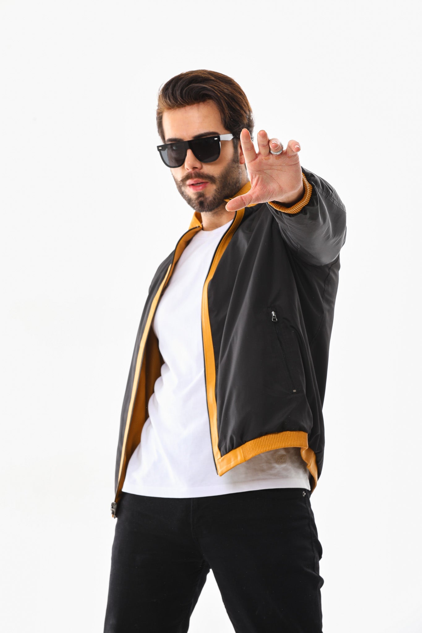 The Como Reversible Mustard Yellow Black Leather Bomber Jacket - Vinci Leather