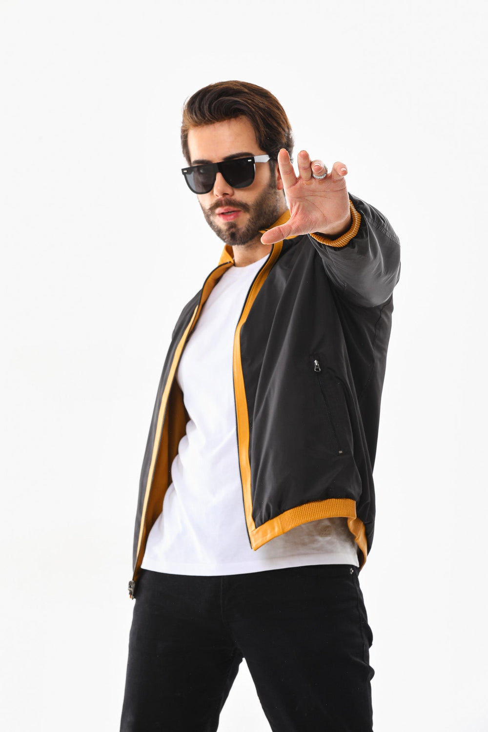 The Como Reversible Mustard Yellow Black Leather Bomber Jacket - Vinci Leather