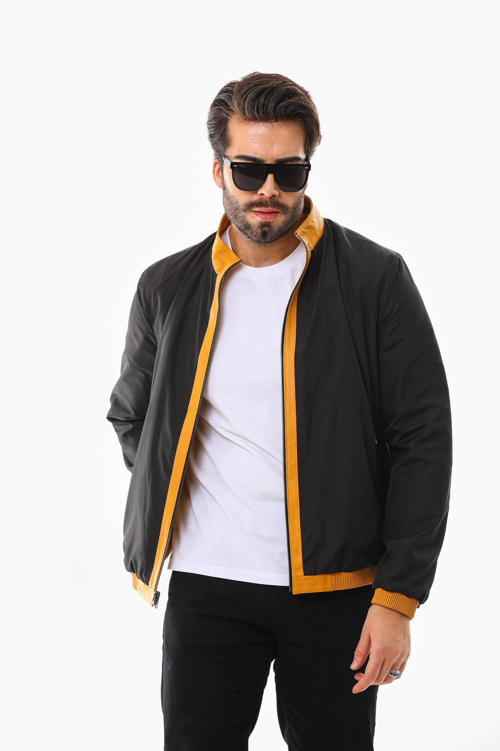 The Como Reversible Mustard Yellow Black Leather Bomber Jacket - Vinci Leather