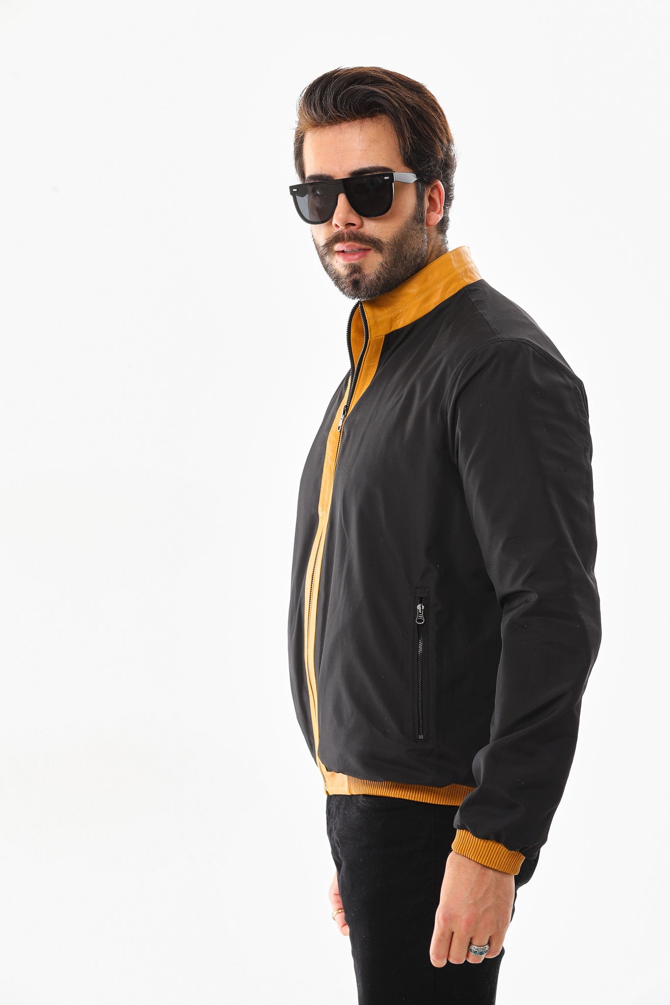 The Como Reversible Mustard Yellow Black Leather Bomber Jacket - Vinci Leather