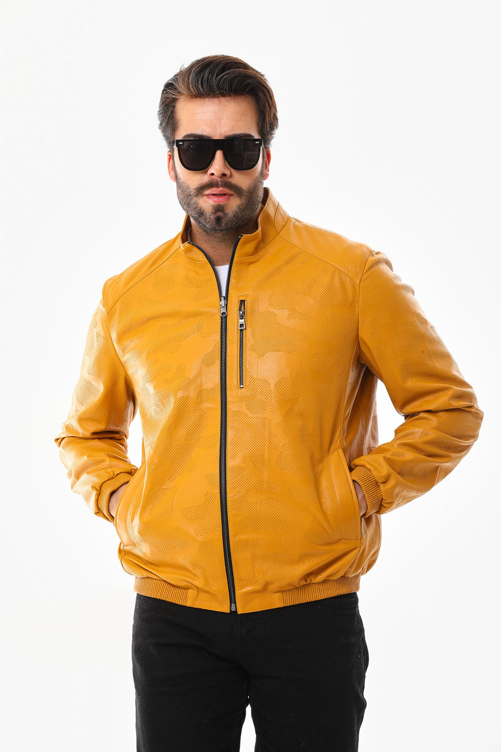 The Como Reversible Mustard Yellow Black Leather Bomber Jacket - Vinci Leather
