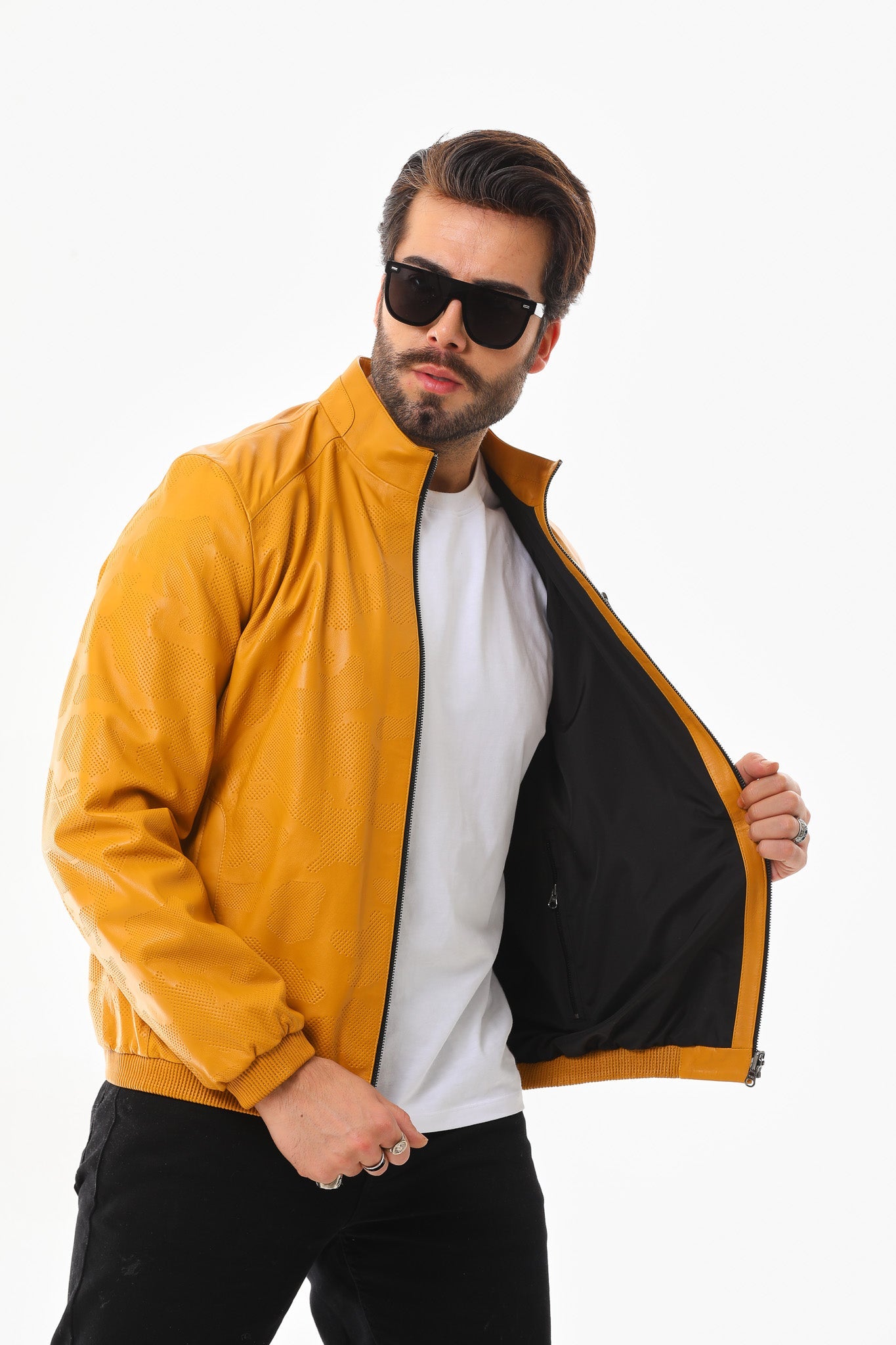The Como Reversible Mustard Yellow Black Leather Bomber Jacket - Vinci Leather