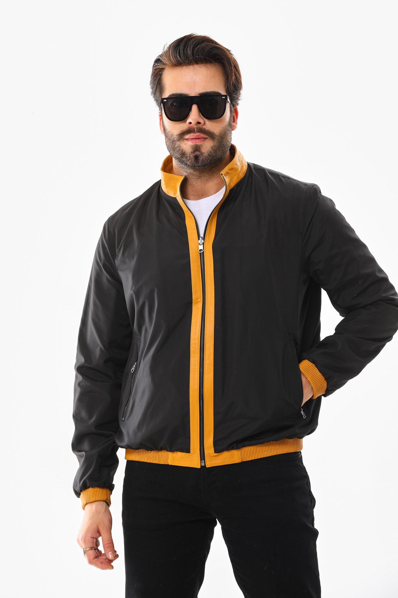 The Como Reversible Mustard Yellow Black Leather Bomber Jacket - Vinci Leather