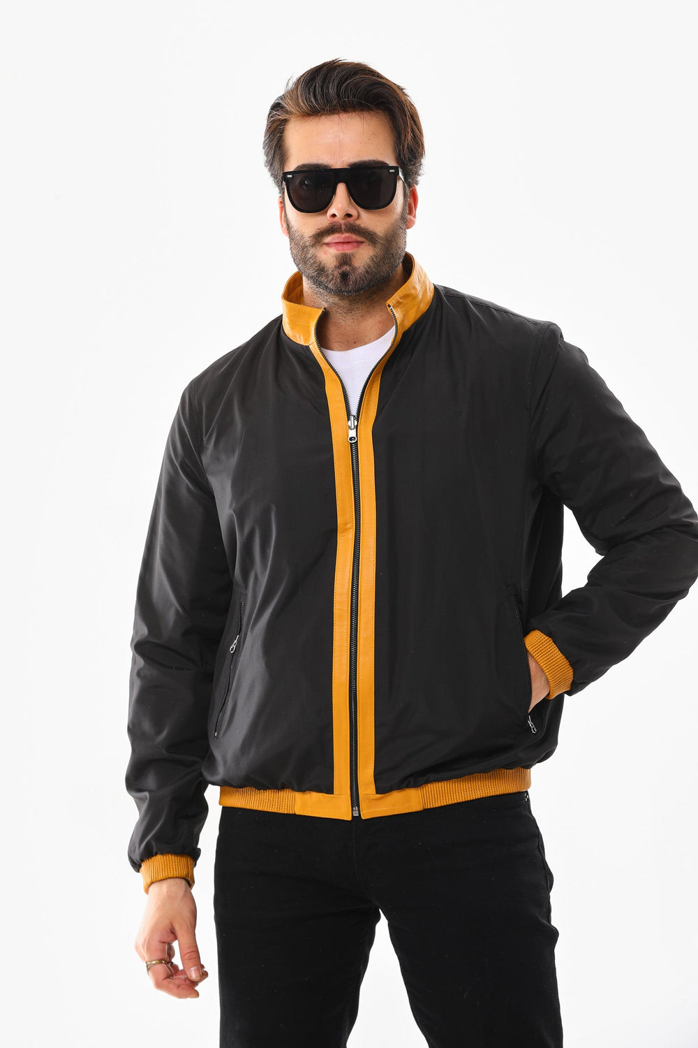 The Como Reversible Mustard Yellow Black Leather Bomber Jacket - Vinci Leather