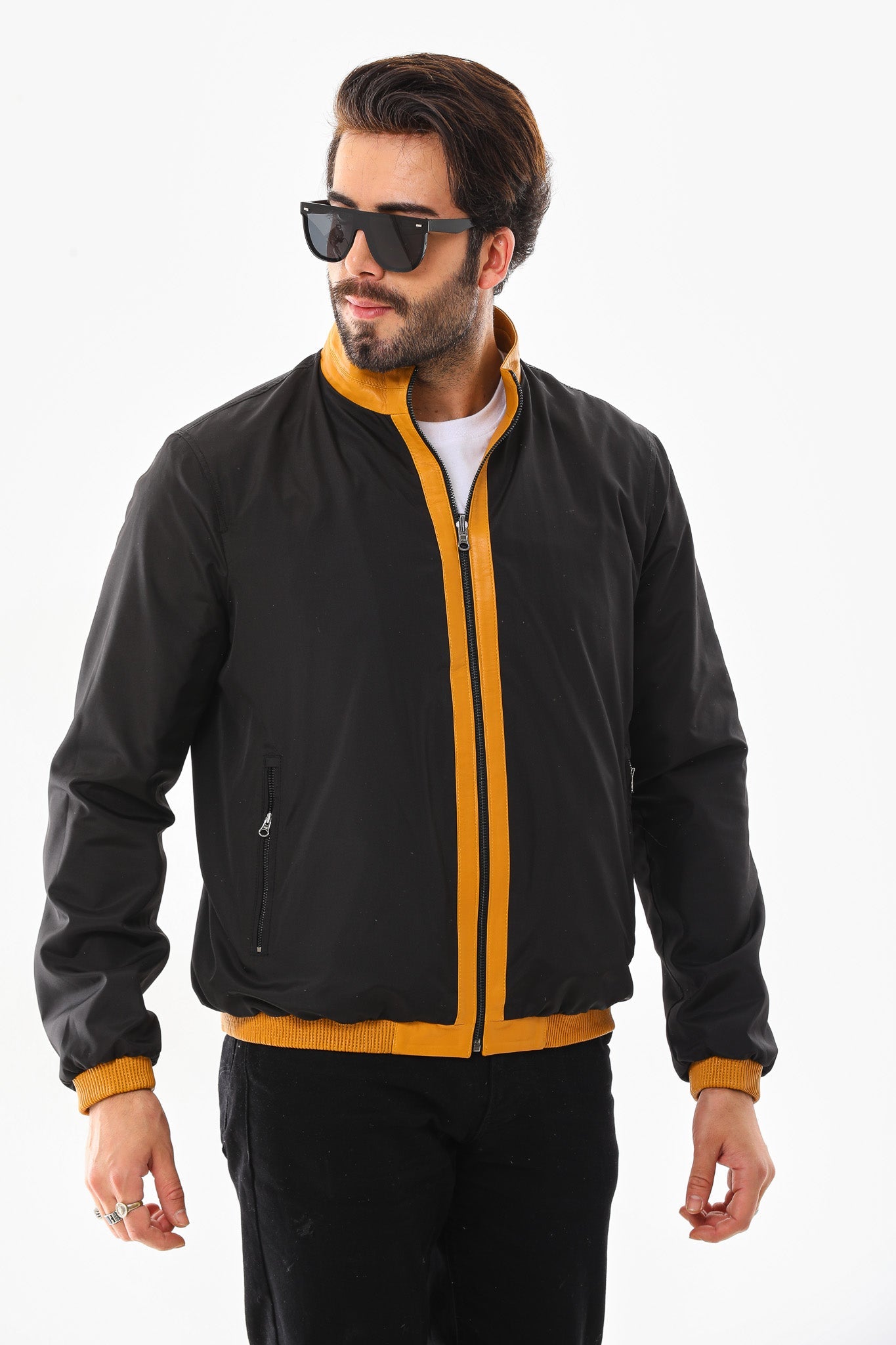 The Como Reversible Mustard Yellow Black Leather Bomber Jacket - Vinci Leather