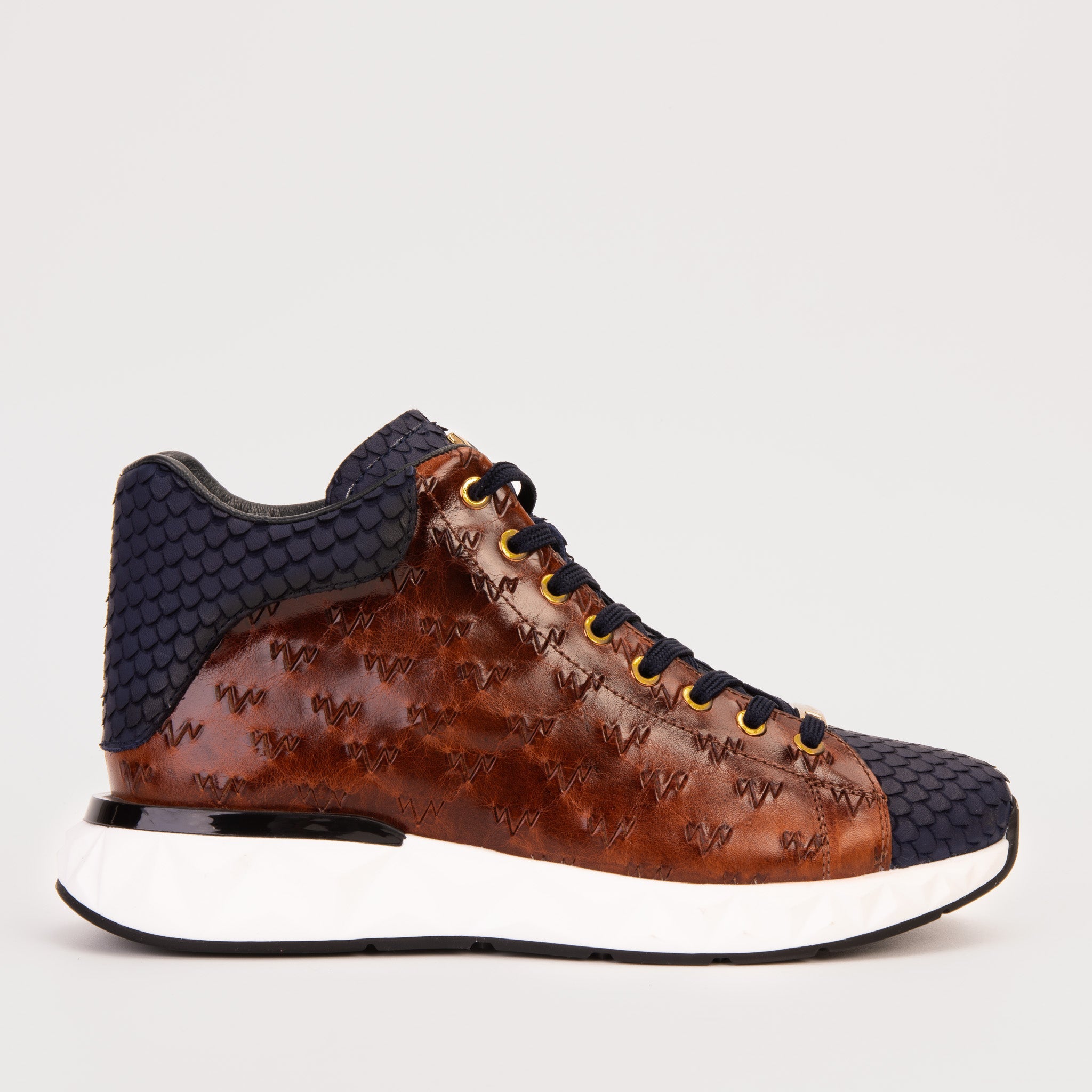 The Caesars Brown Navy Leather High-Top Sneaker - Vinci Leather
