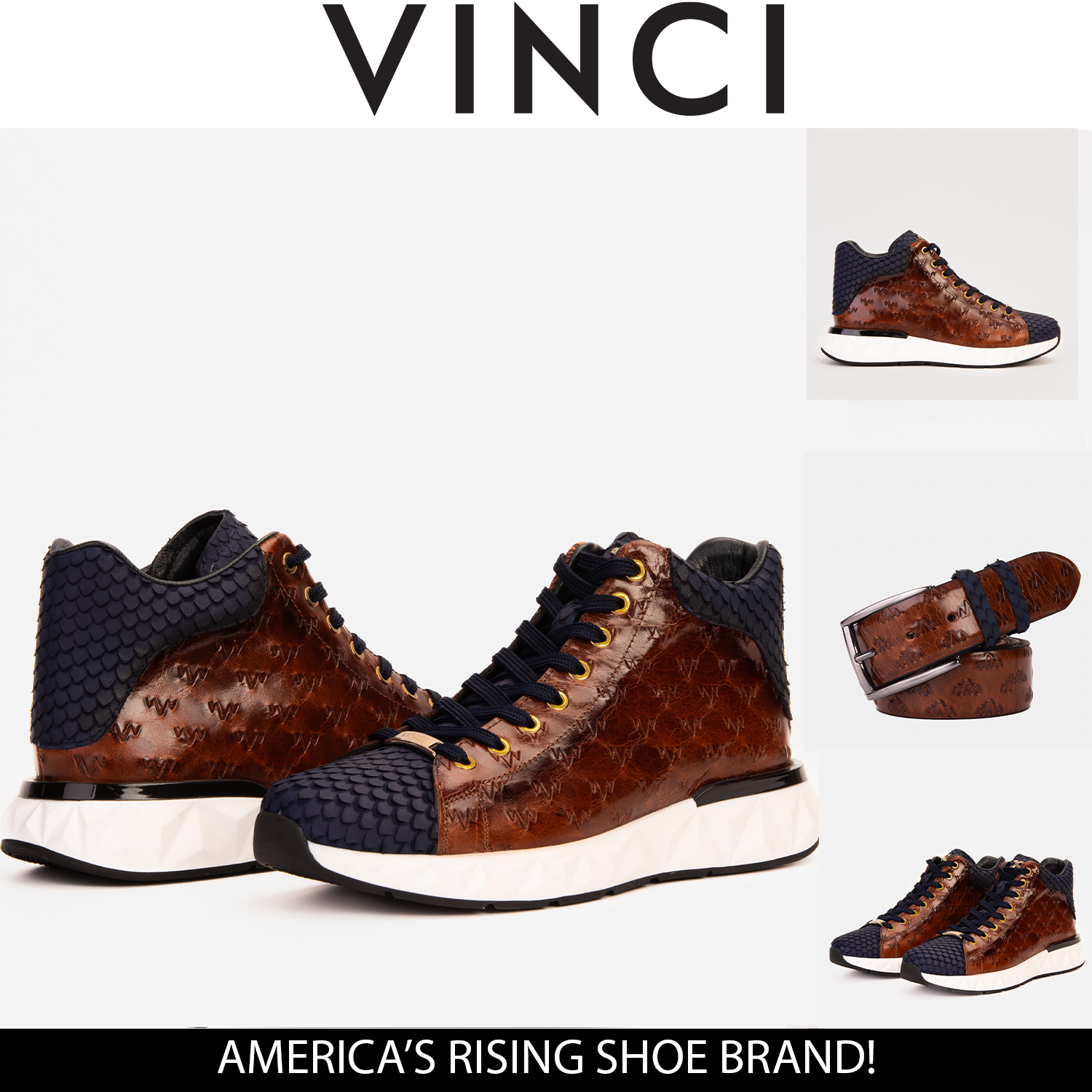 The Caesars Brown Navy Leather High-Top Sneaker - Vinci Leather