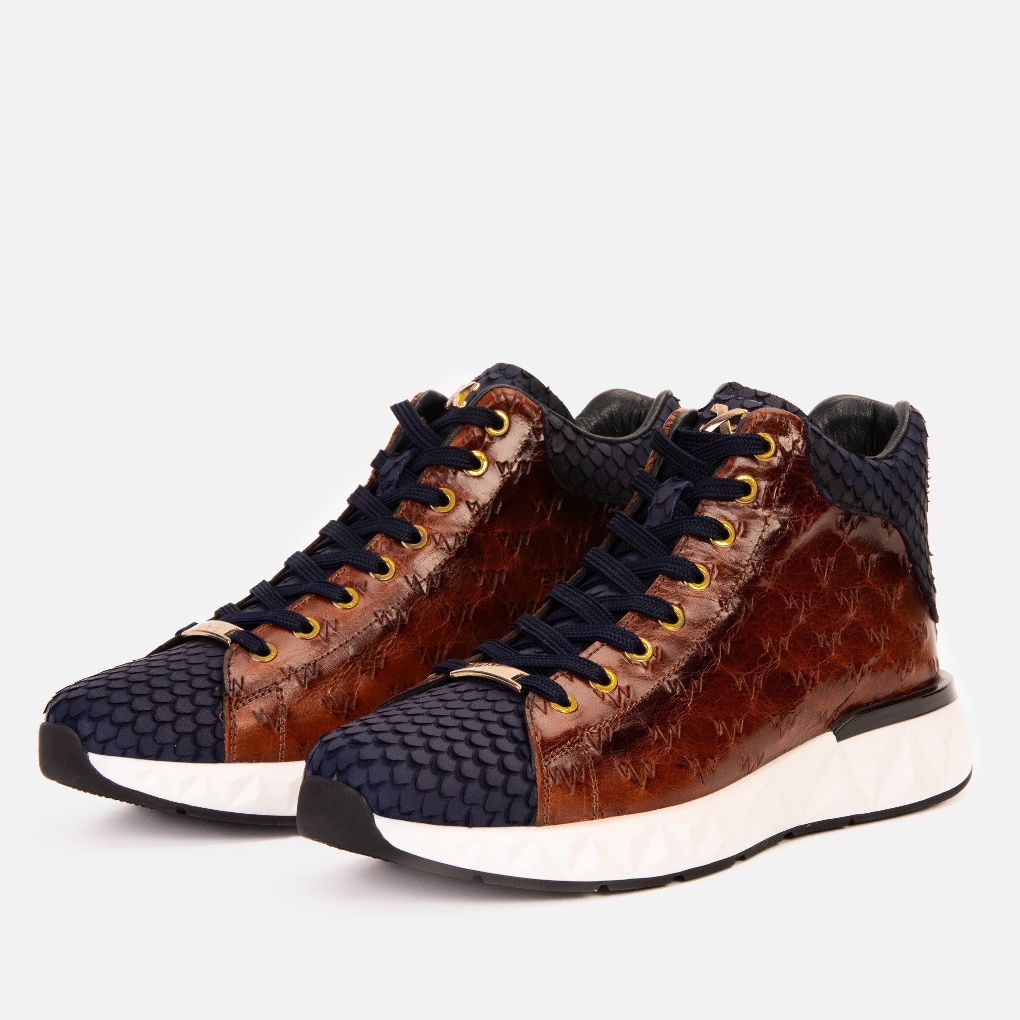 The Caesars Brown Navy Leather High-Top Sneaker - Vinci Leather