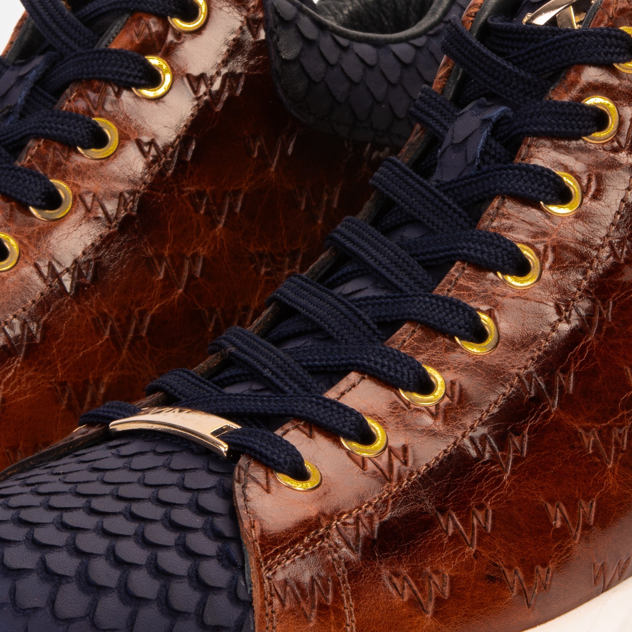 The Caesars Brown Navy Leather High-Top Sneaker - Vinci Leather