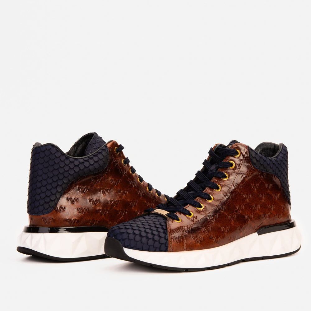 The Caesars Brown Navy Leather High-Top Sneaker - Vinci Leather