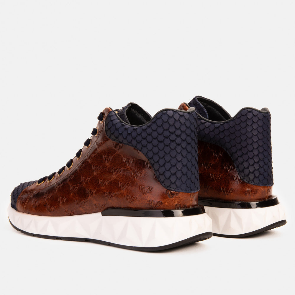 The Caesars Brown Navy Leather High-Top Sneaker - Vinci Leather