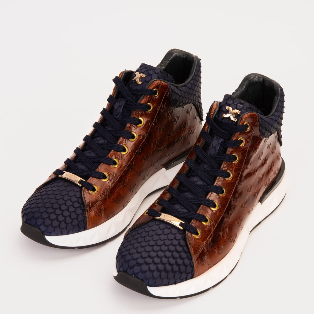 The Caesars Brown Navy Leather High-Top Sneaker - Vinci Leather