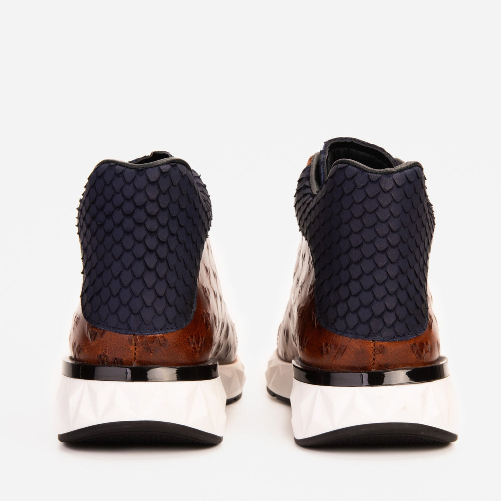 The Caesars Brown Navy Leather High-Top Sneaker - Vinci Leather
