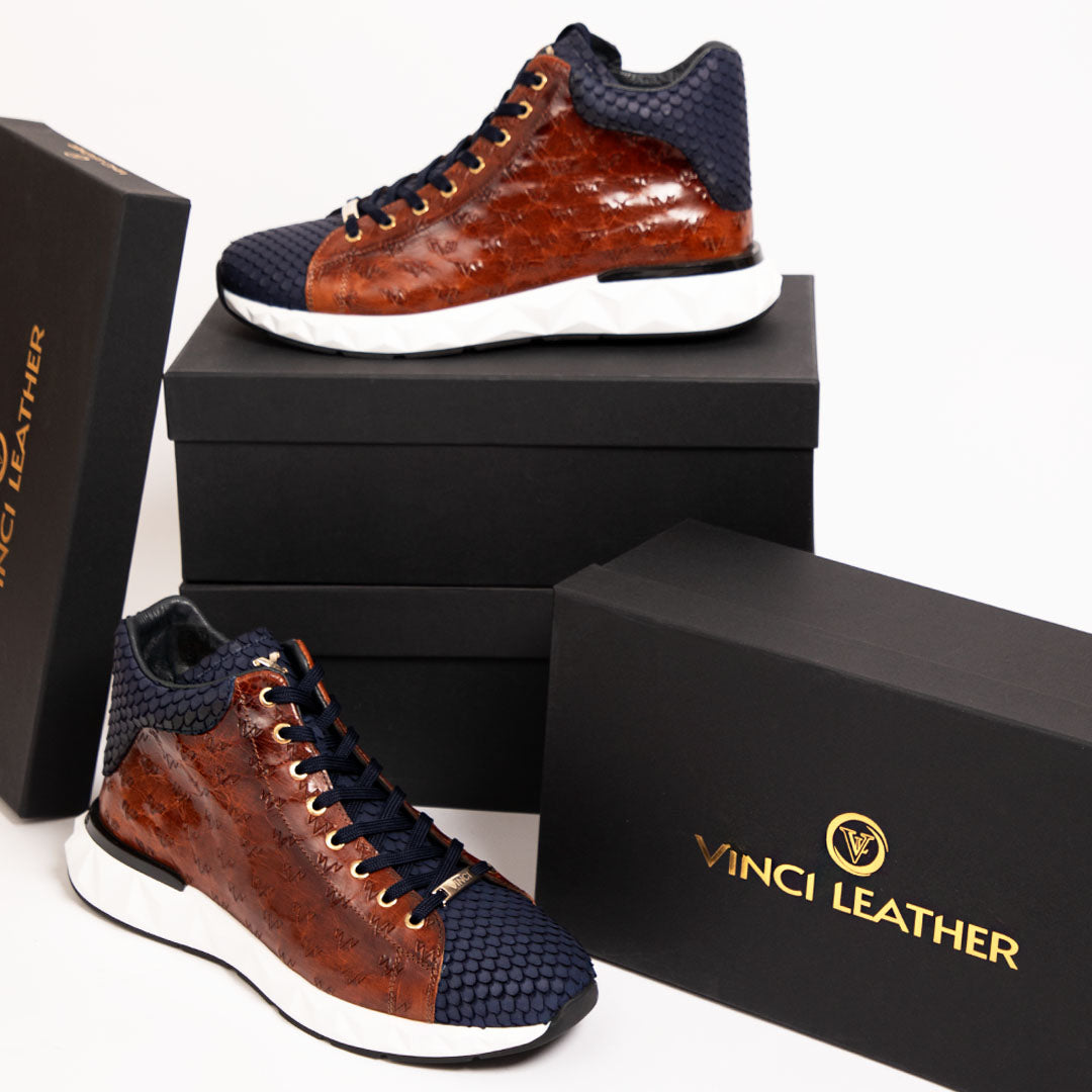The Caesars Brown Navy Leather High-Top Sneaker - Vinci Leather