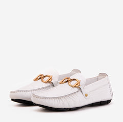 The Pisa White Leather Bit Drive Loafer Shoe - Vinci Leather