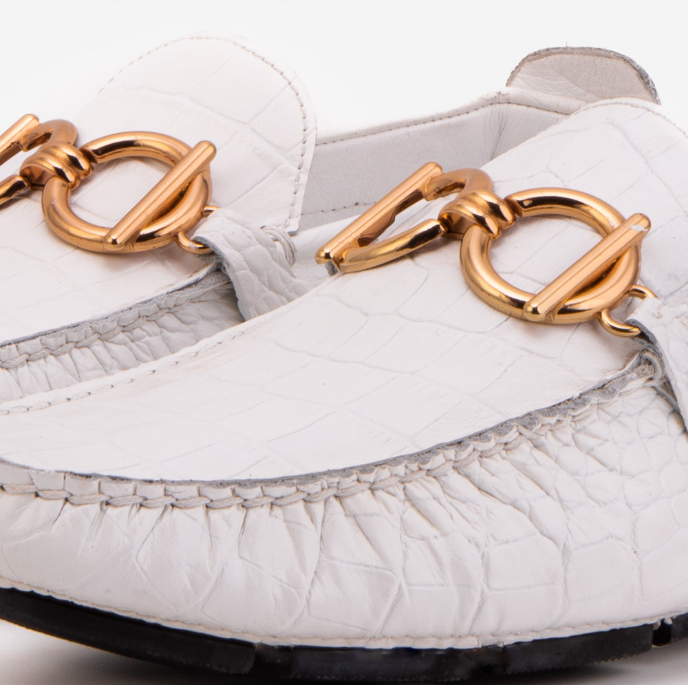 The Pisa White Leather Bit Drive Loafer Shoe - Vinci Leather