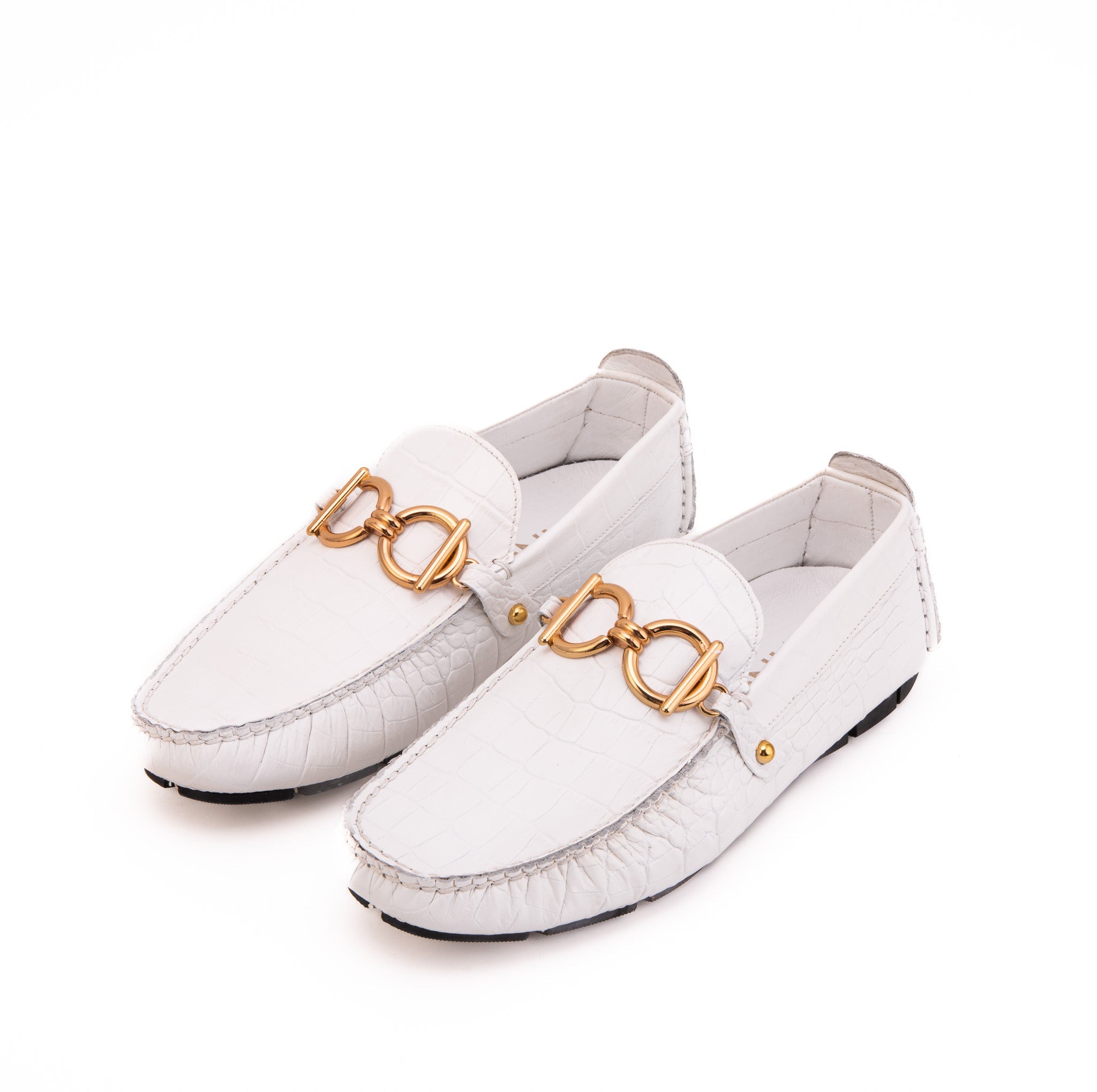 The Pisa White Leather Bit Drive Loafer Shoe - Vinci Leather