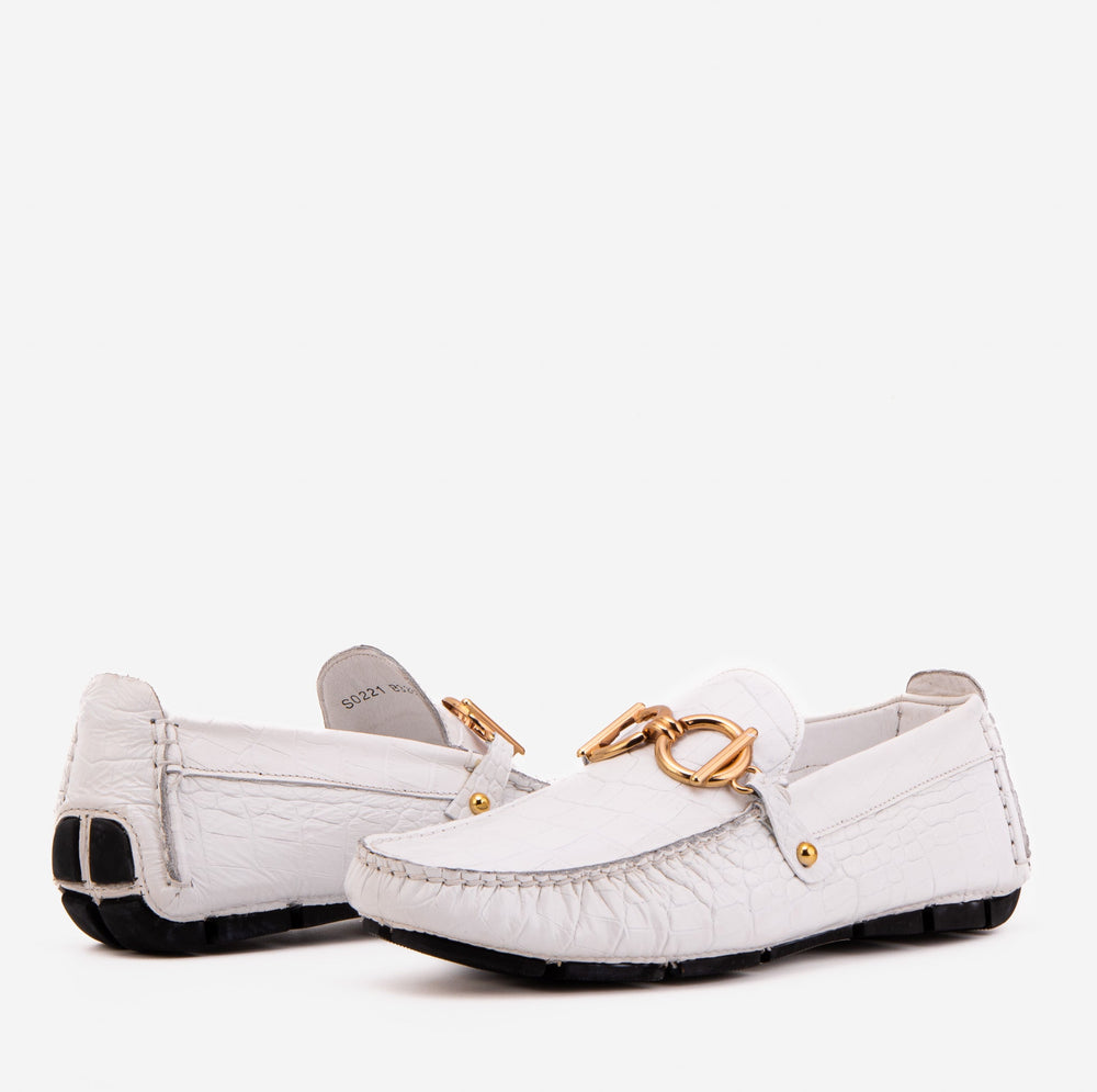 The Pisa White Leather Bit Drive Loafer Shoe - Vinci Leather