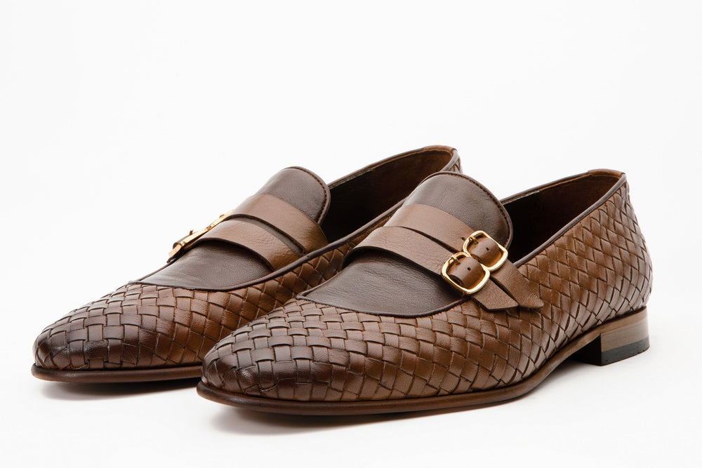 The Vatra Tan Woven Double Monk Strap Shoe - Vinci Leather