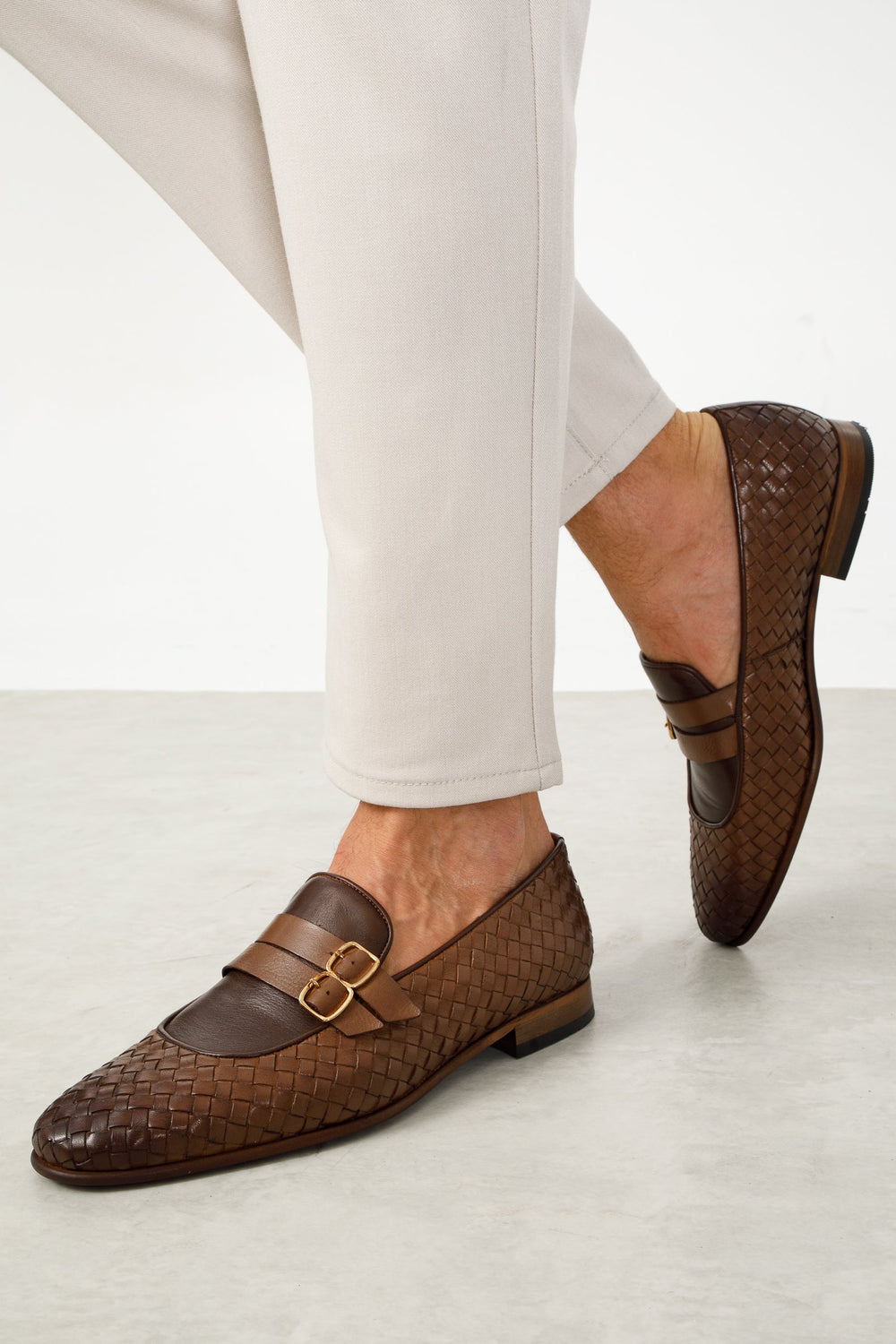 The Vatra Tan Woven Double Monk Strap Shoe - Vinci Leather