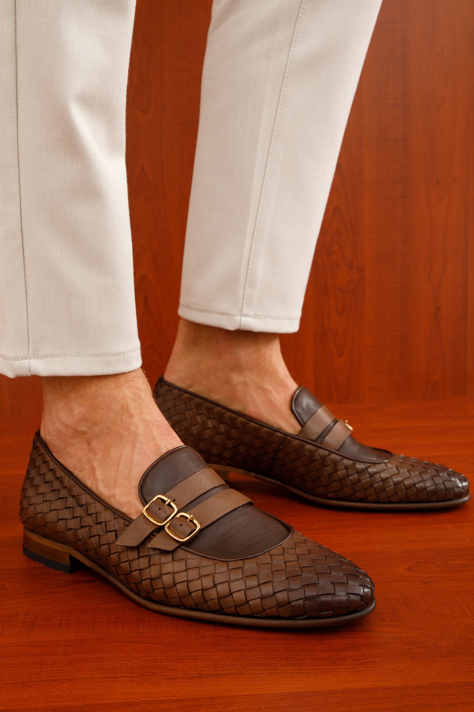 The Vatra Tan Woven Double Monk Strap Shoe - Vinci Leather