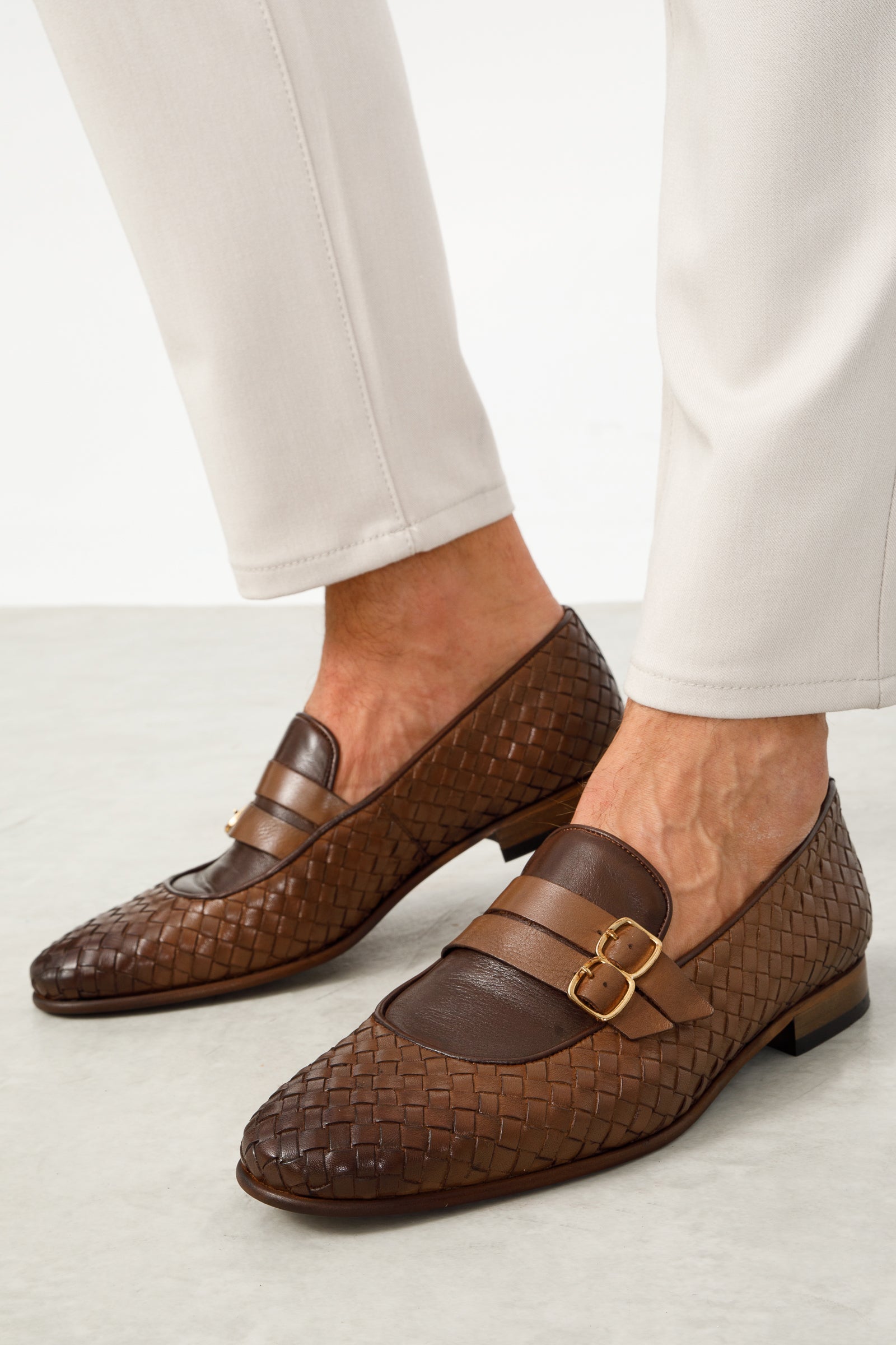 The Vatra Tan Woven Double Monk Strap Shoe - Vinci Leather