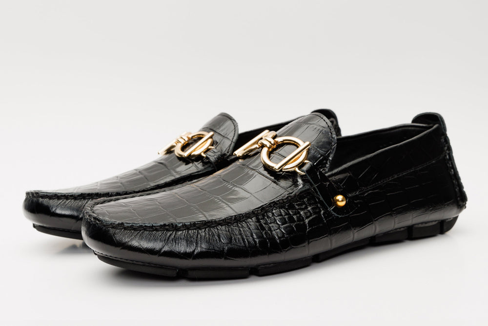 The Pisa Black Leather Bit Drive Loafer Shoe - Vinci Leather
