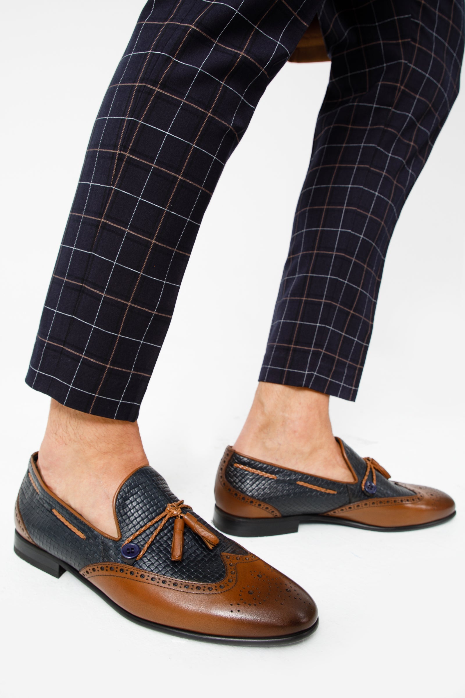 The Istanbul Tan Navy Blue Leather Tassel Loafer Shoe - Vinci Leather