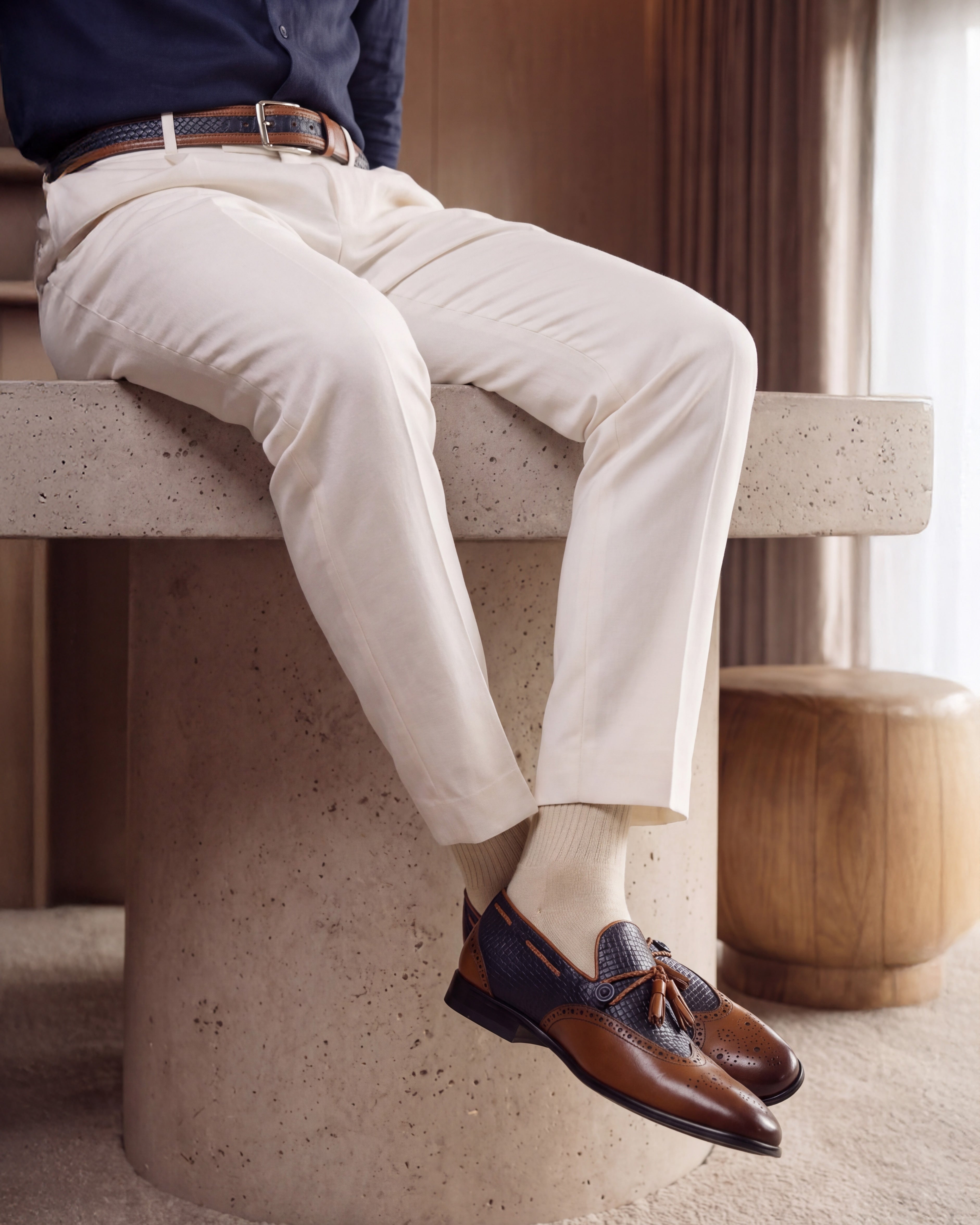 The Istanbul Tan Navy Blue Leather Tassel Loafer Shoe - Vinci Leather