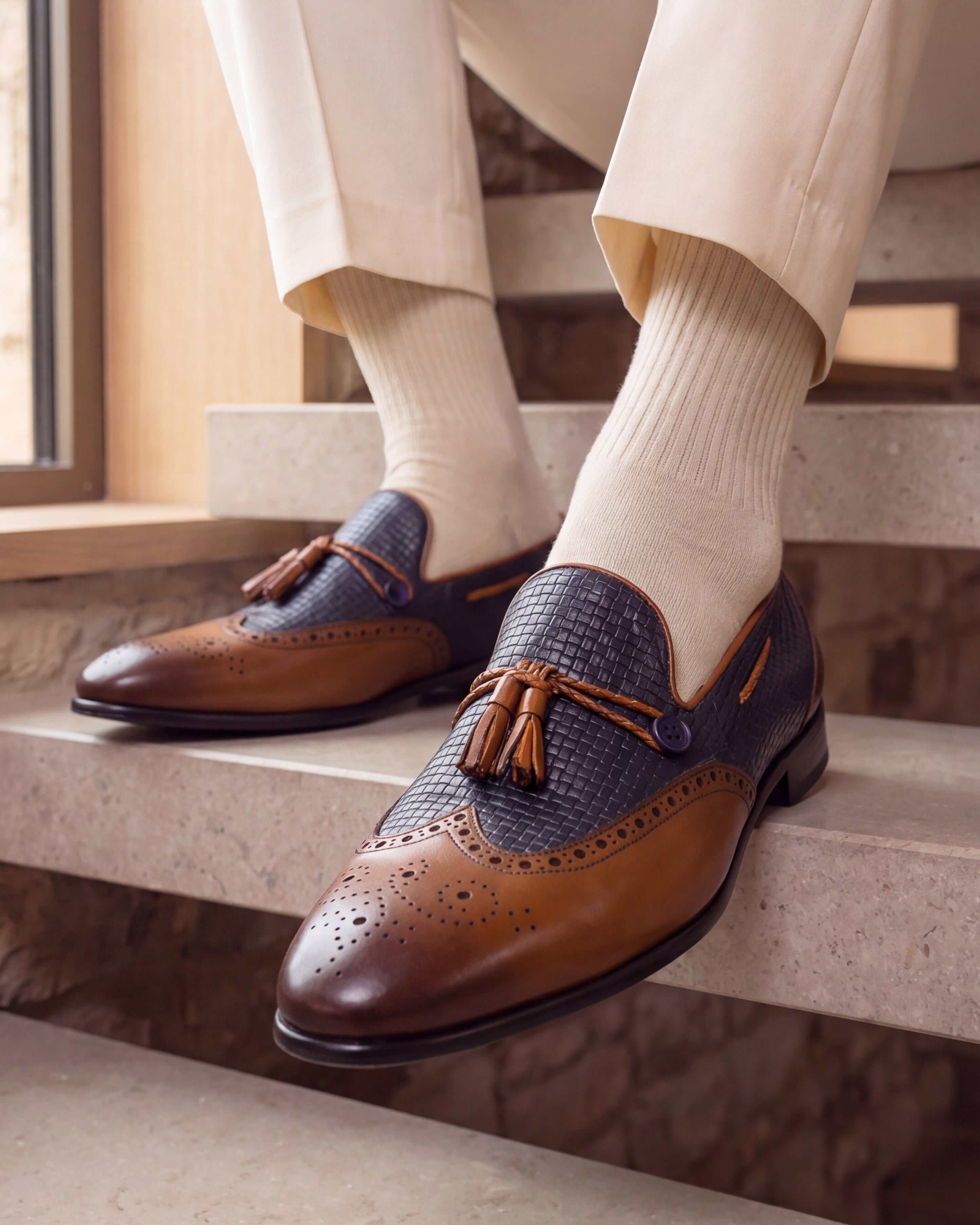 The Istanbul Tan Navy Blue Leather Tassel Loafer Shoe - Vinci Leather