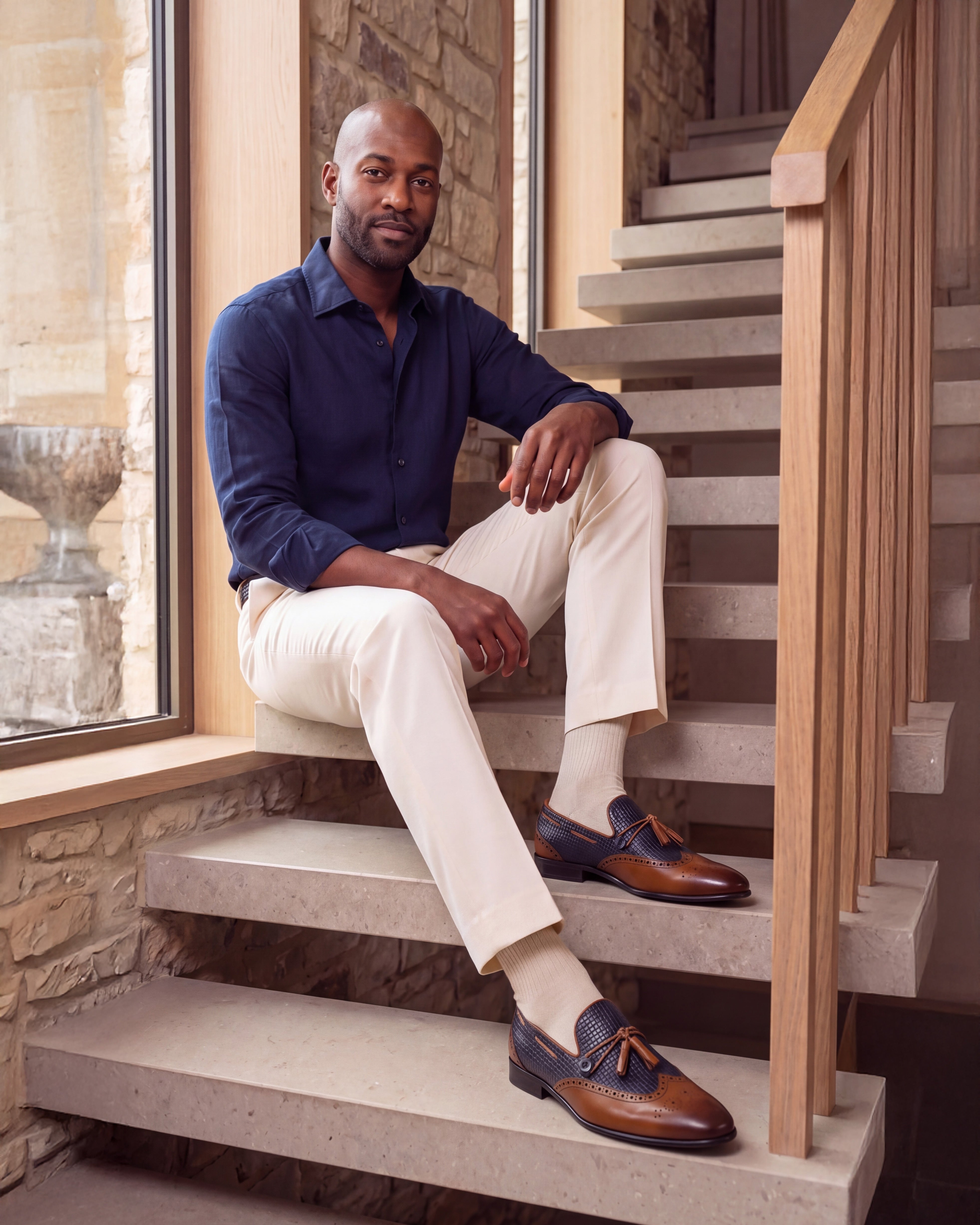 The Istanbul Tan Navy Blue Leather Tassel Loafer Shoe - Vinci Leather