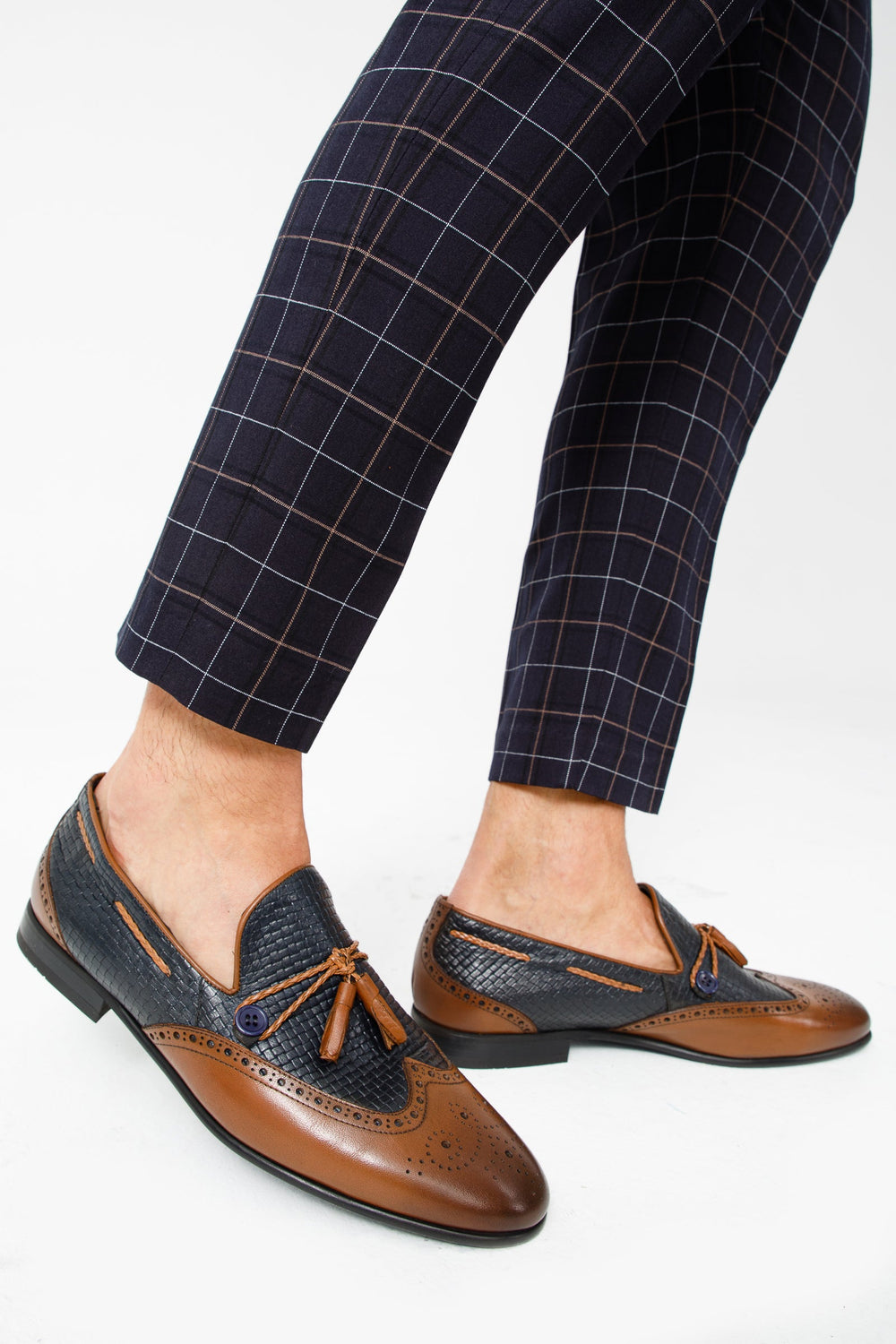 The Istanbul Tan Navy Blue Leather Tassel Loafer Shoe - Vinci Leather
