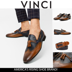 The Istanbul Tan Navy Blue Leather Tassel Loafer Shoe - Vinci Leather