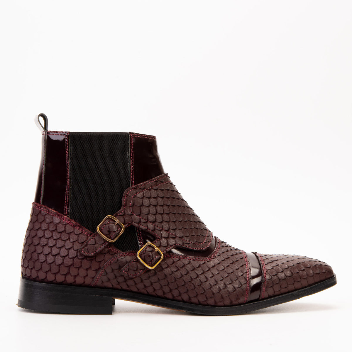 The Orion Burgundy Snakeskin Pattern Leather Double Monk Strap Boot - Vinci Leather