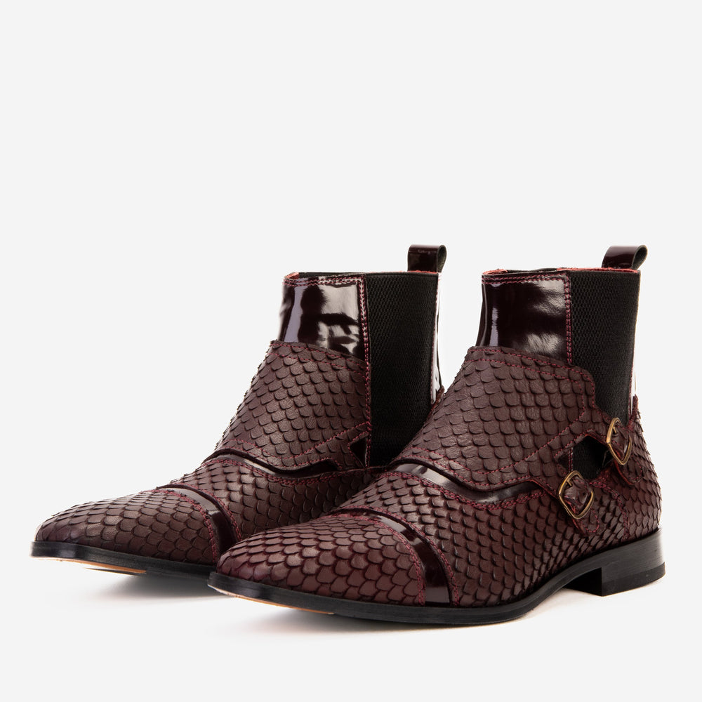 The Orion Burgundy Snakeskin Pattern Leather Double Monk Strap Boot - Vinci Leather