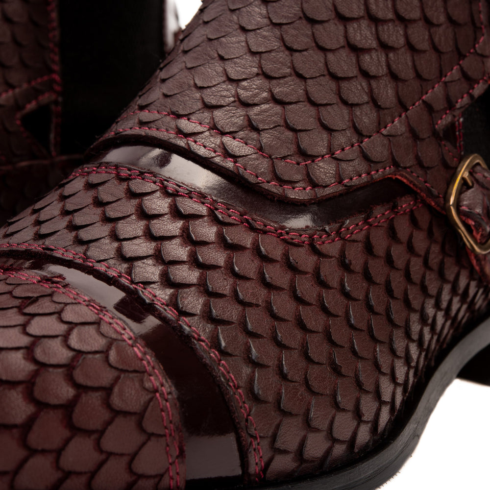 The Orion Burgundy Snakeskin Pattern Leather Double Monk Strap Boot - Vinci Leather