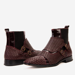The Orion Burgundy Snakeskin Pattern Leather Double Monk Strap Boot - Vinci Leather