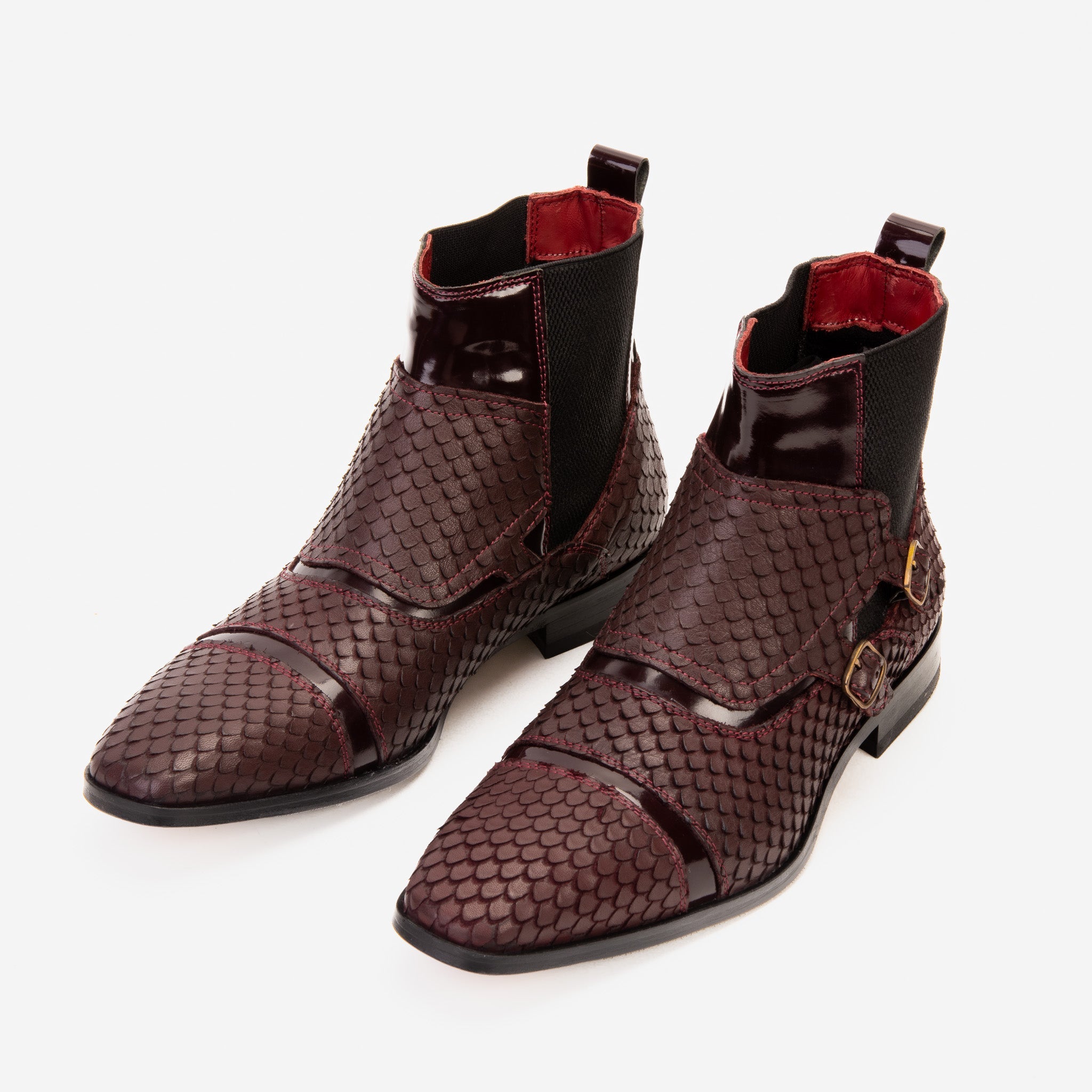 The Orion Burgundy Snakeskin Pattern Leather Double Monk Strap Boot - Vinci Leather