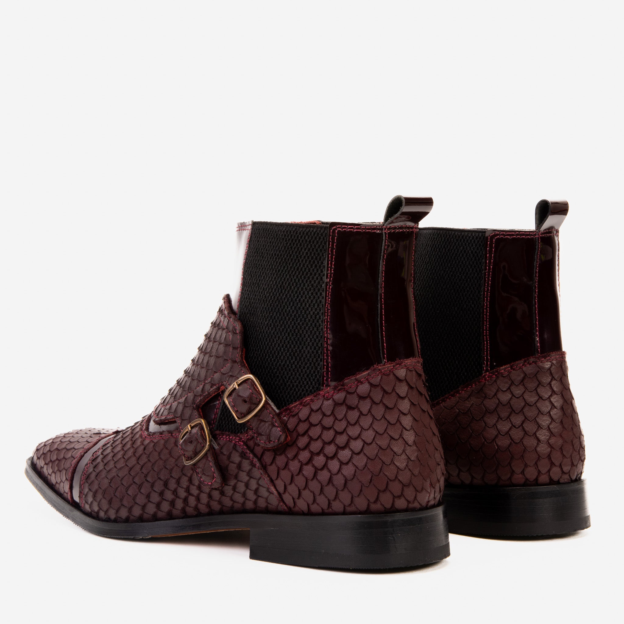 The Orion Burgundy Snakeskin Pattern Leather Double Monk Strap Boot - Vinci Leather
