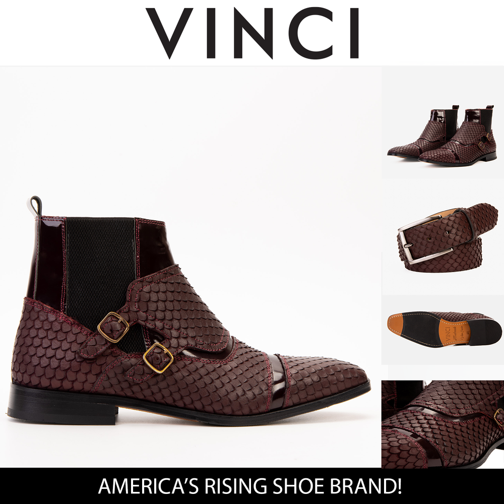 The Orion Burgundy Snakeskin Pattern Leather Double Monk Strap Boot - Vinci Leather