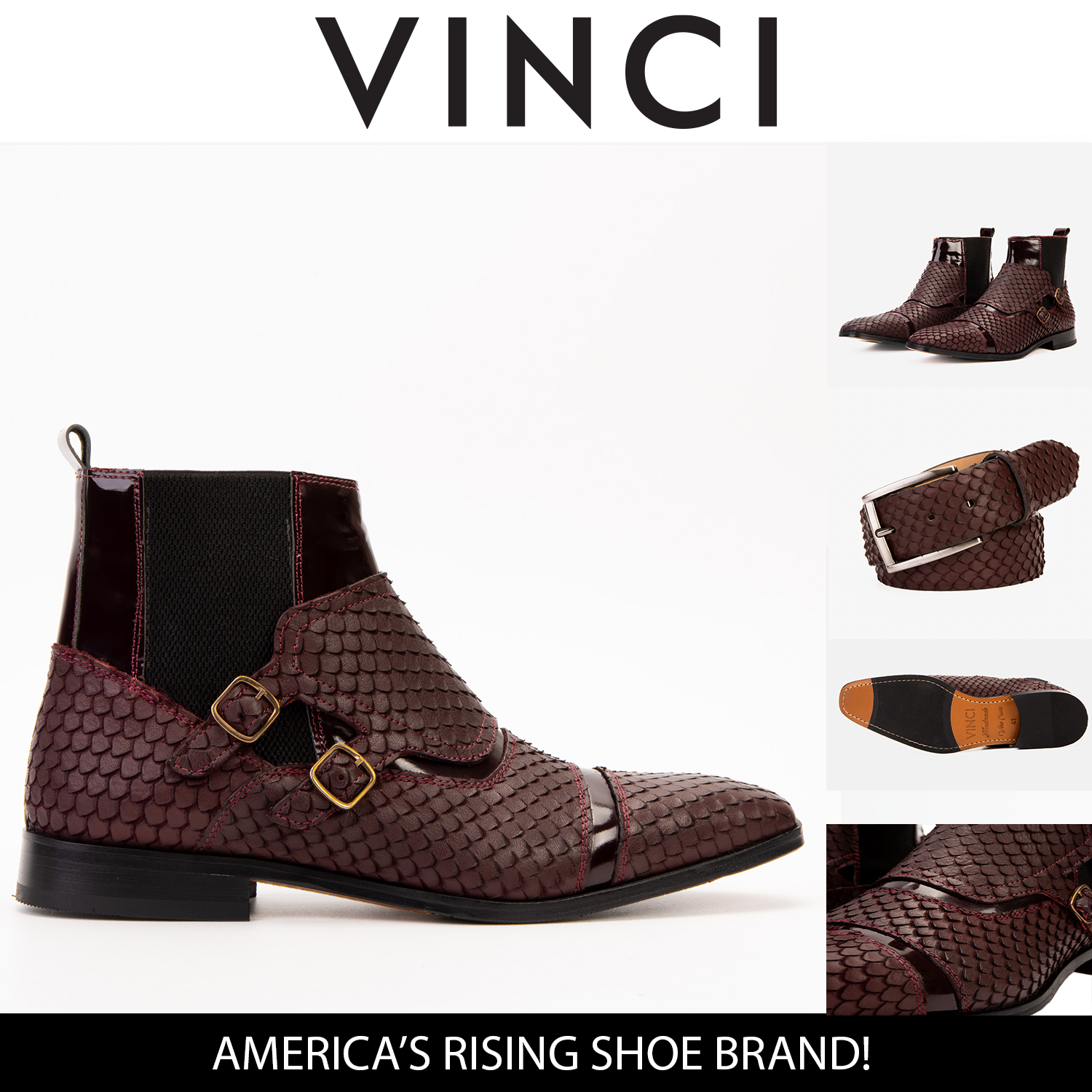 The Orion Burgundy Snakeskin Pattern Leather Double Monk Strap Boot - Vinci Leather