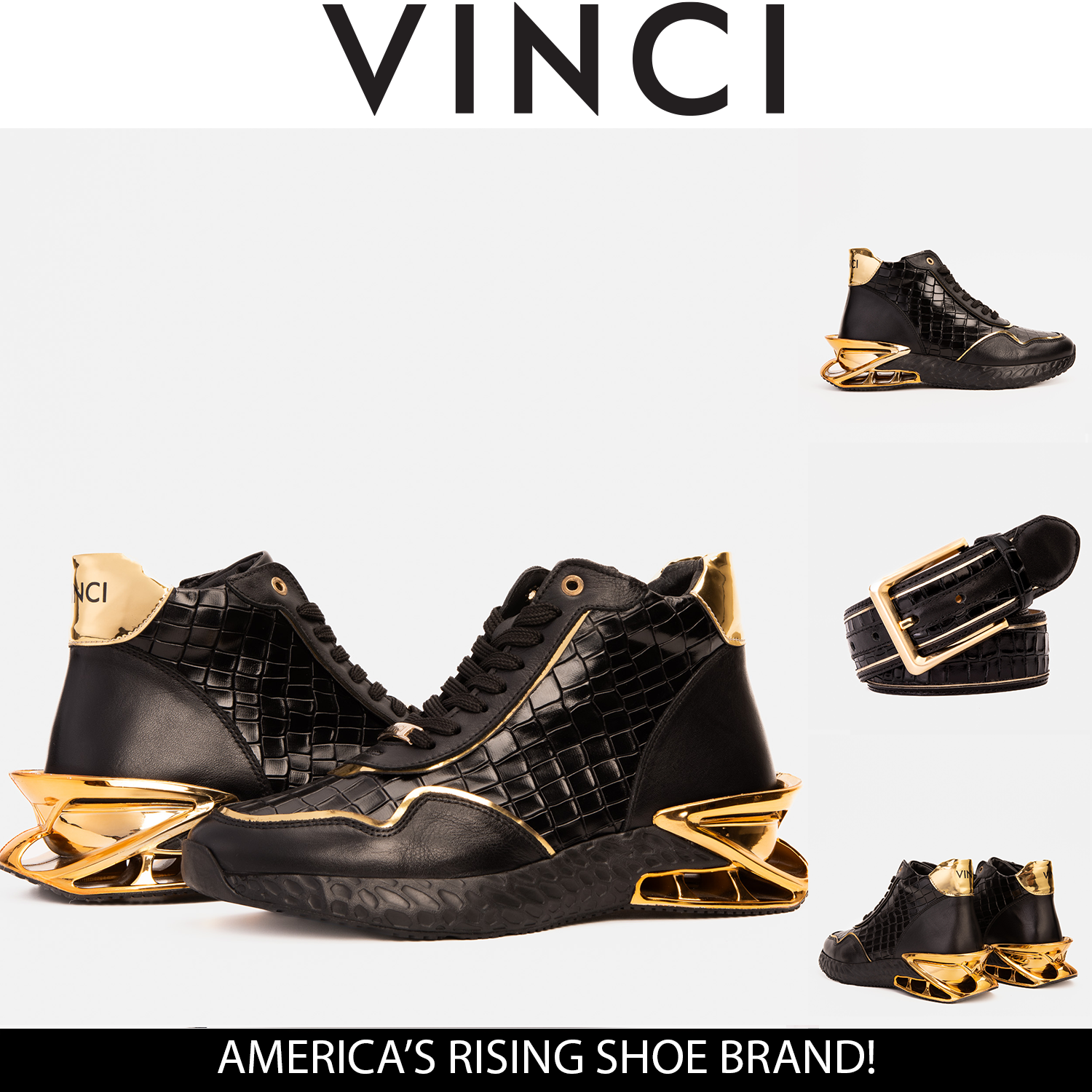 Bellagio Black Gold High-Top Sneaker - Vinci Leather