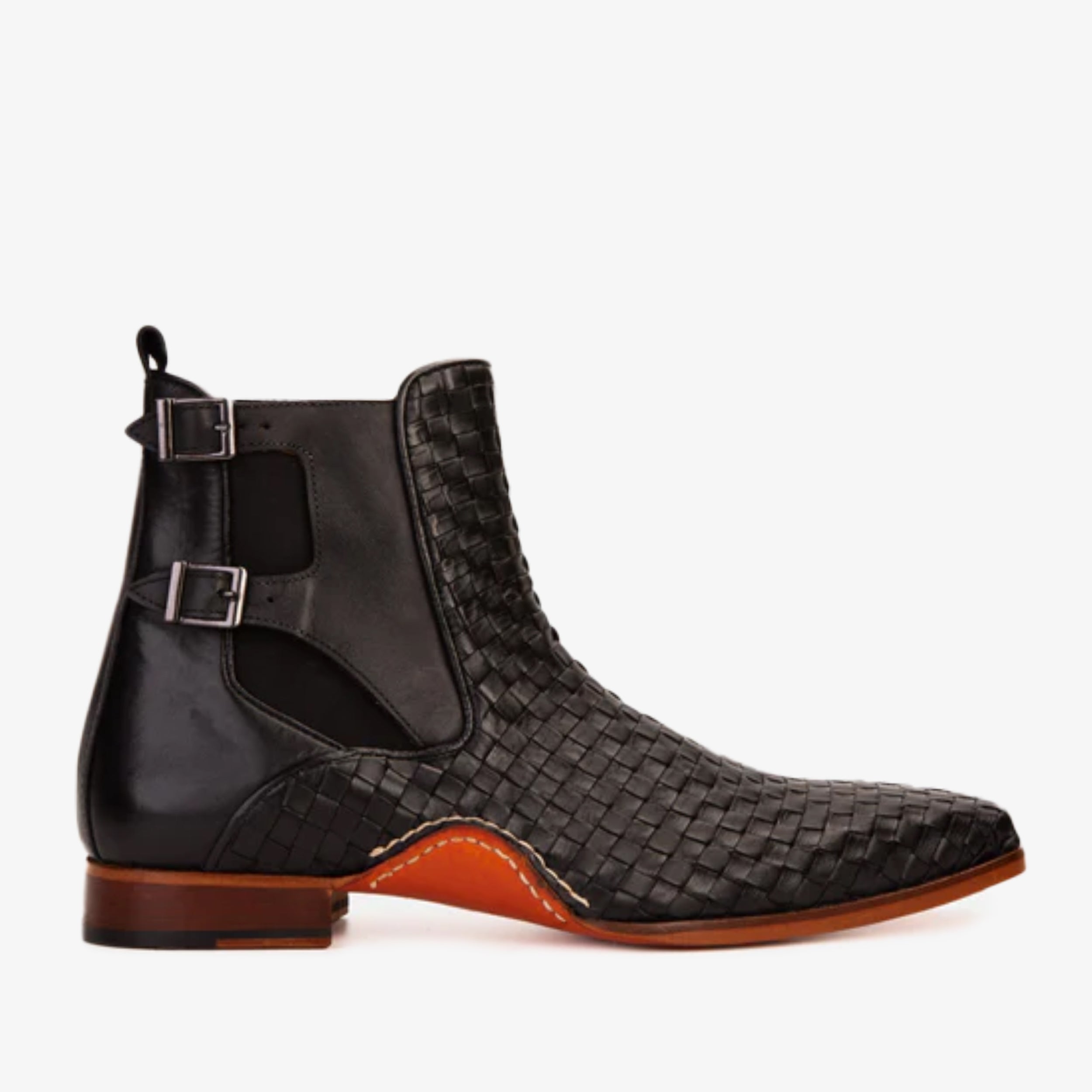 The Rolls Boot Woven Black Leather Double Monk Strap Handmade Shoe - Vinci Leather