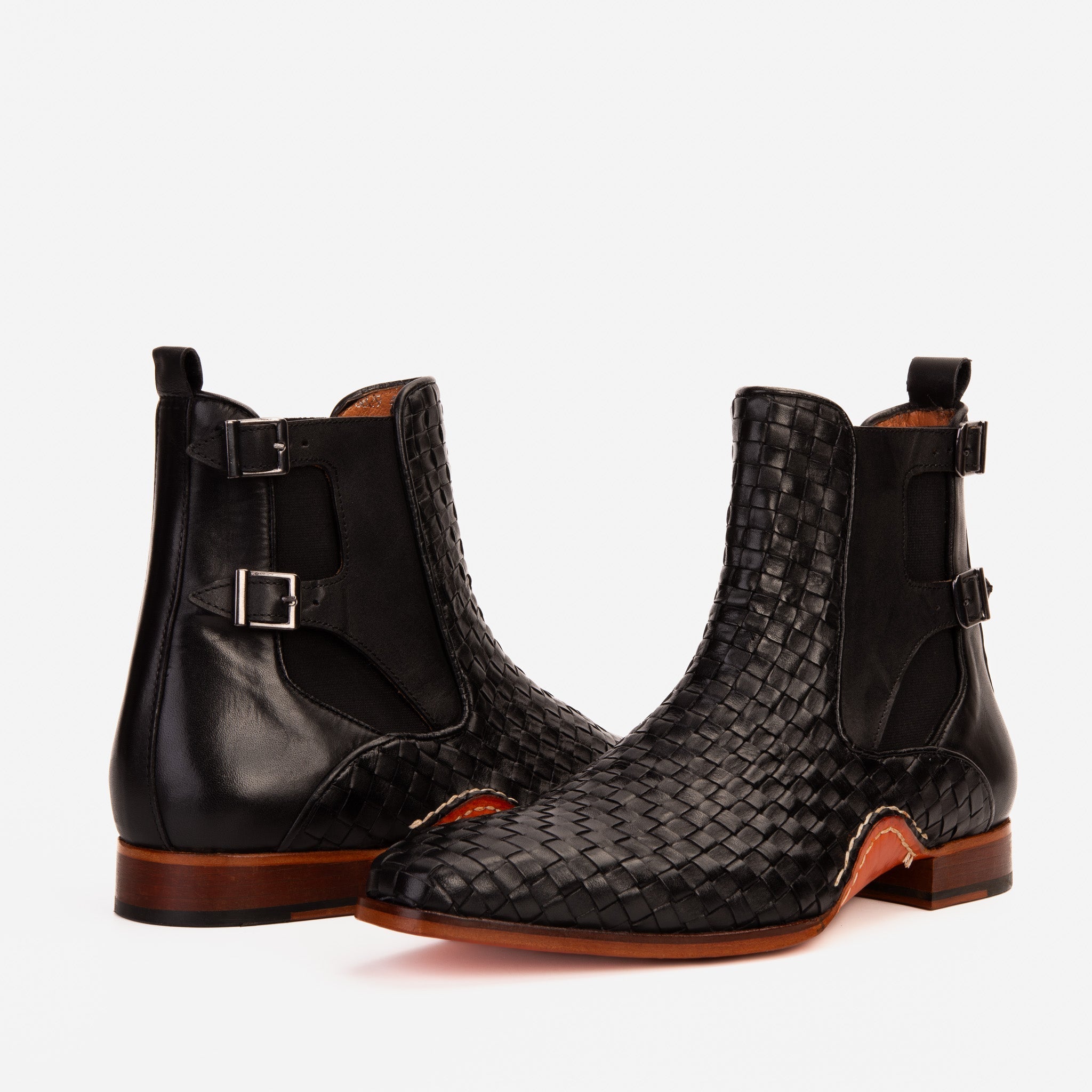 The Rolls Boot Woven Black Leather Double Monk Strap Handmade Shoe - Vinci Leather
