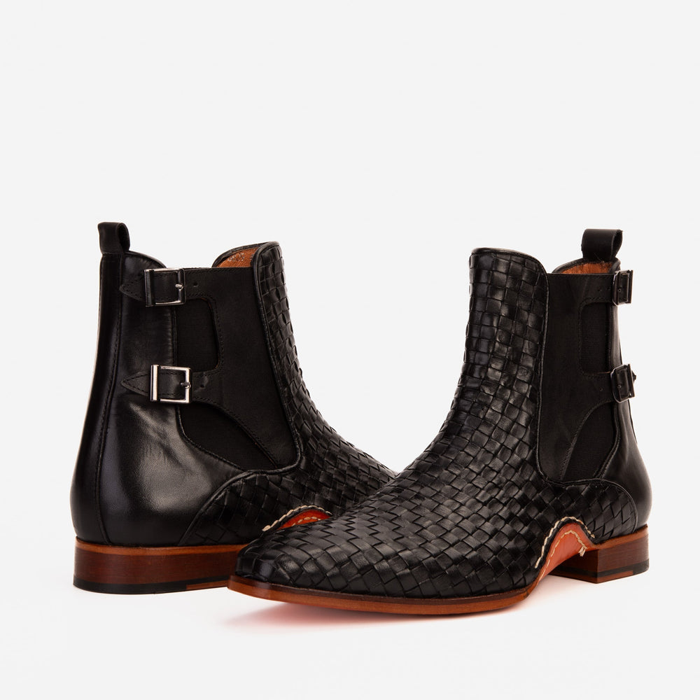 The Rolls Boot Woven Black Leather Double Monk Strap Handmade Shoe - Vinci Leather