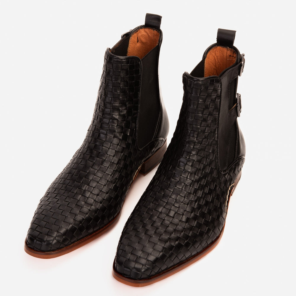 The Rolls Boot Woven Black Leather Double Monk Strap Handmade Shoe - Vinci Leather