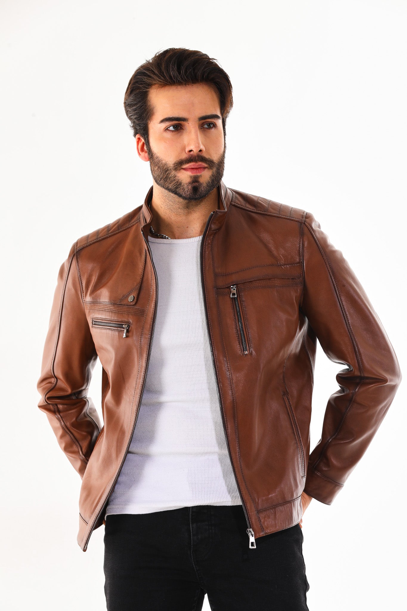 The Rossi Cognac Brown Leather Jacket - Vinci Leather