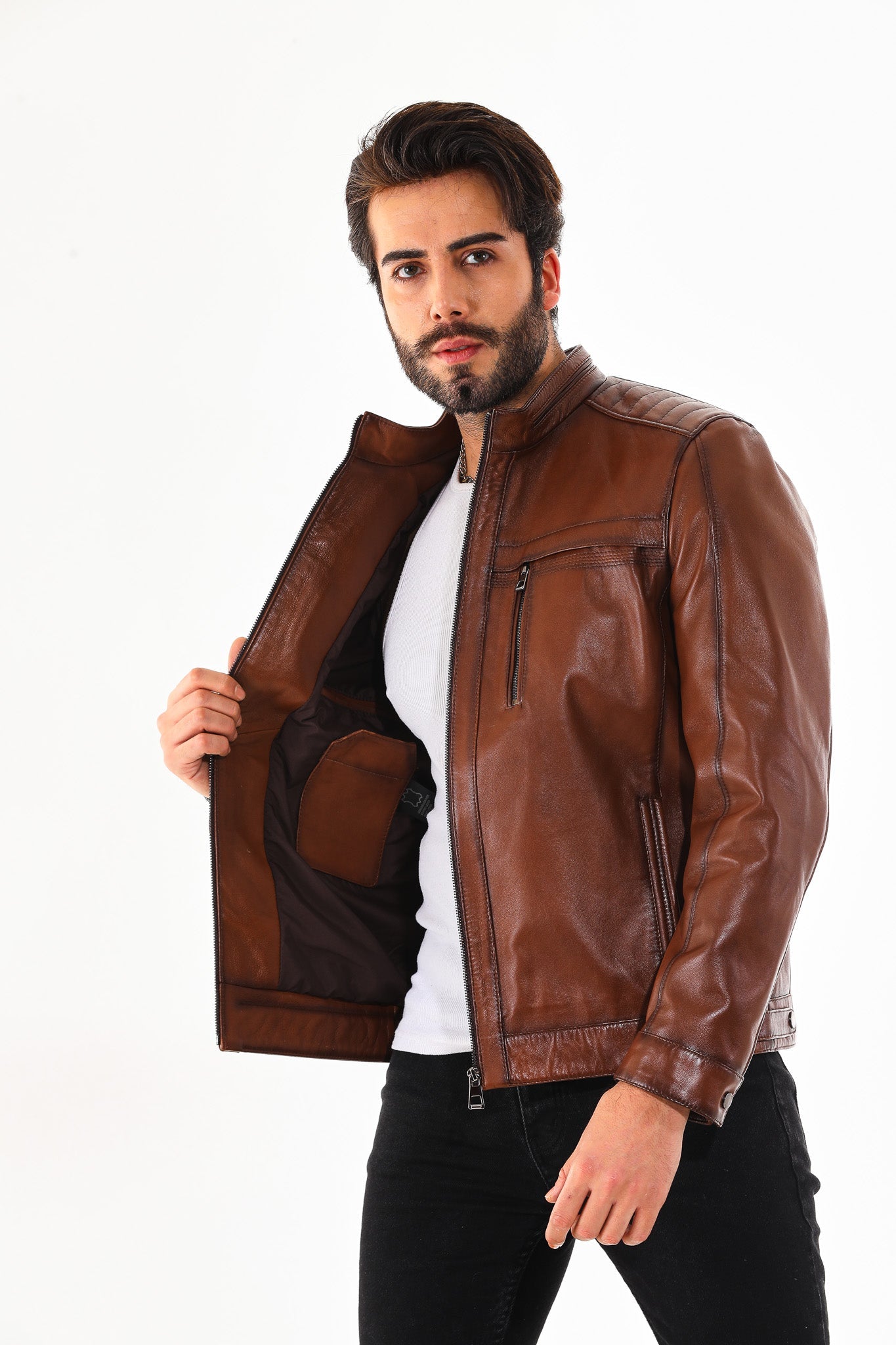 The Rossi Cognac Brown Leather Jacket - Vinci Leather