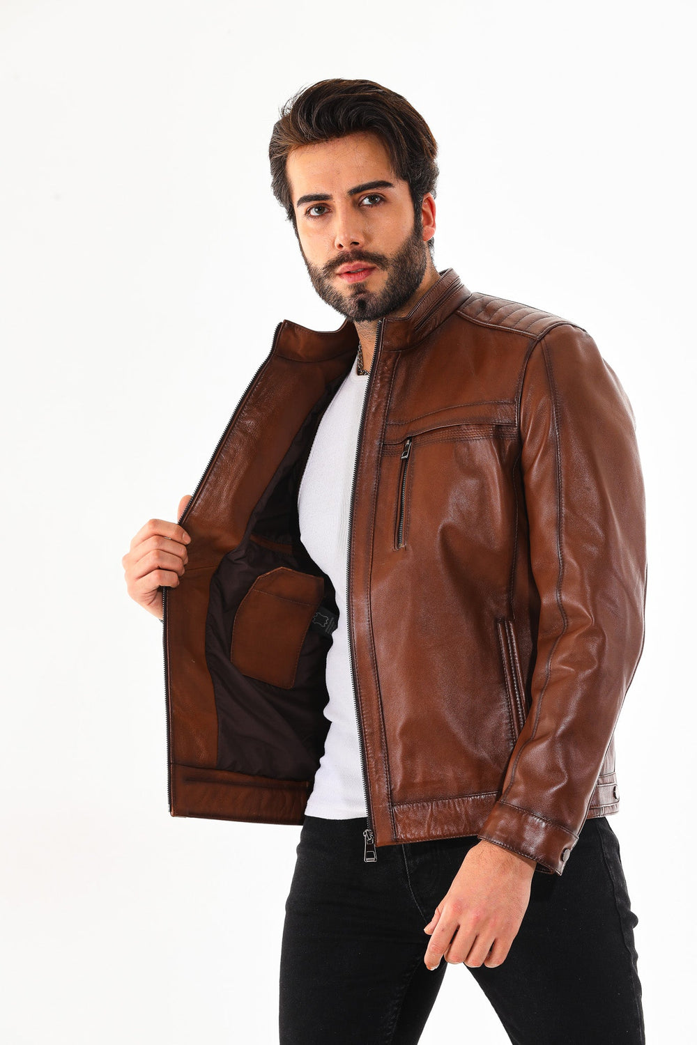 The Rossi Cognac Brown Leather Jacket - Vinci Leather