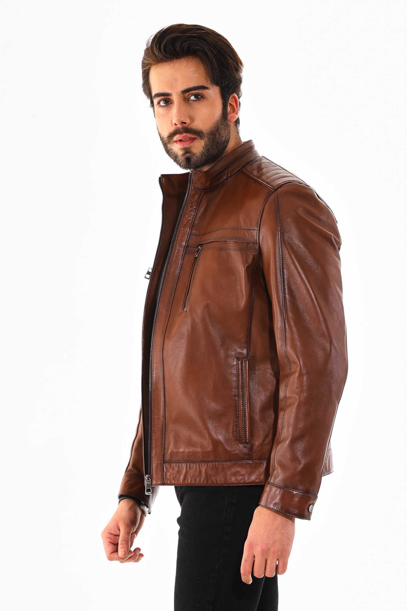 The Rossi Cognac Brown Leather Jacket - Vinci Leather